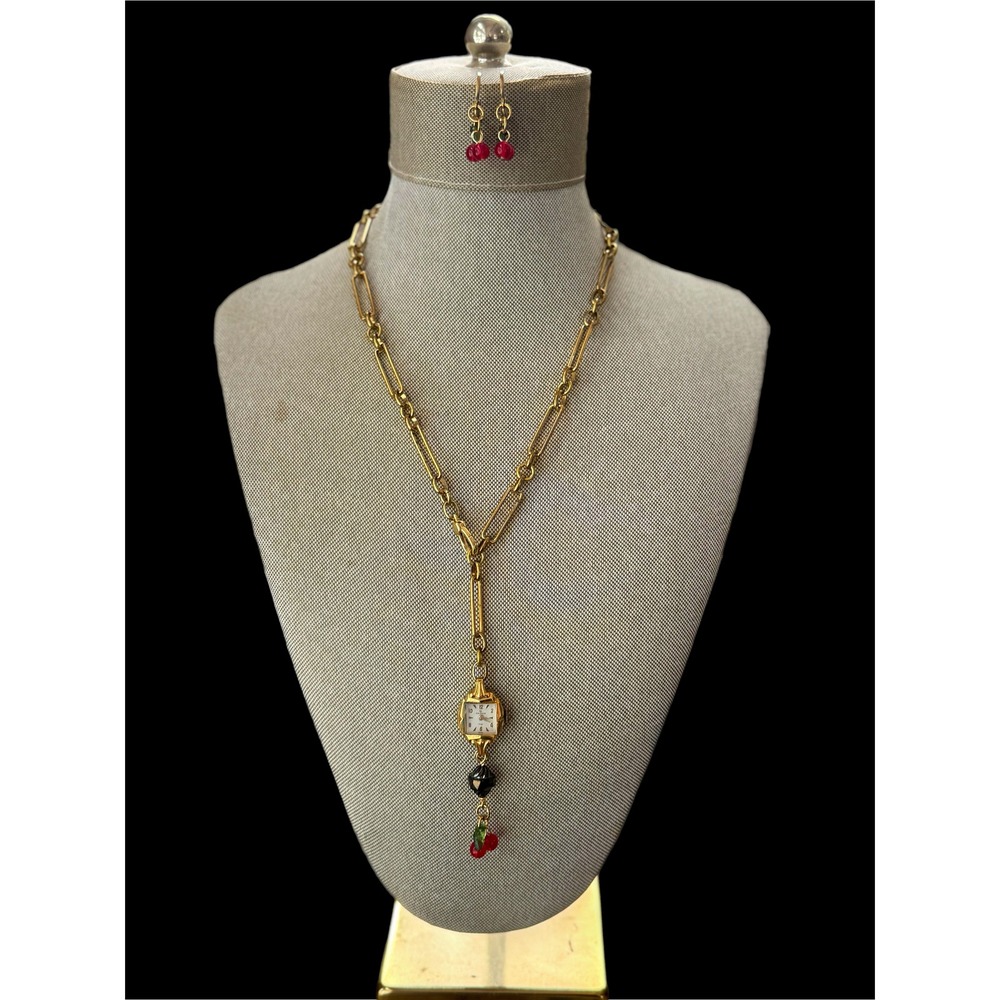 Victorian Raw Brass Necklace‎ w/ Vintage Watch & Cherry Earrings Set - Picture 7 of 7